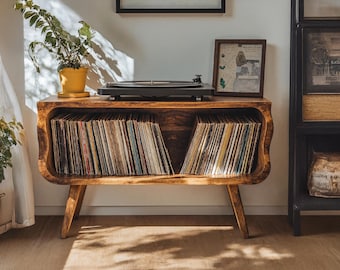 Rustic Record Player Stand Solid Wood Turntable Stand Farmhouse Record Storage Media Stereo Cabinet For Living Room Furniture
