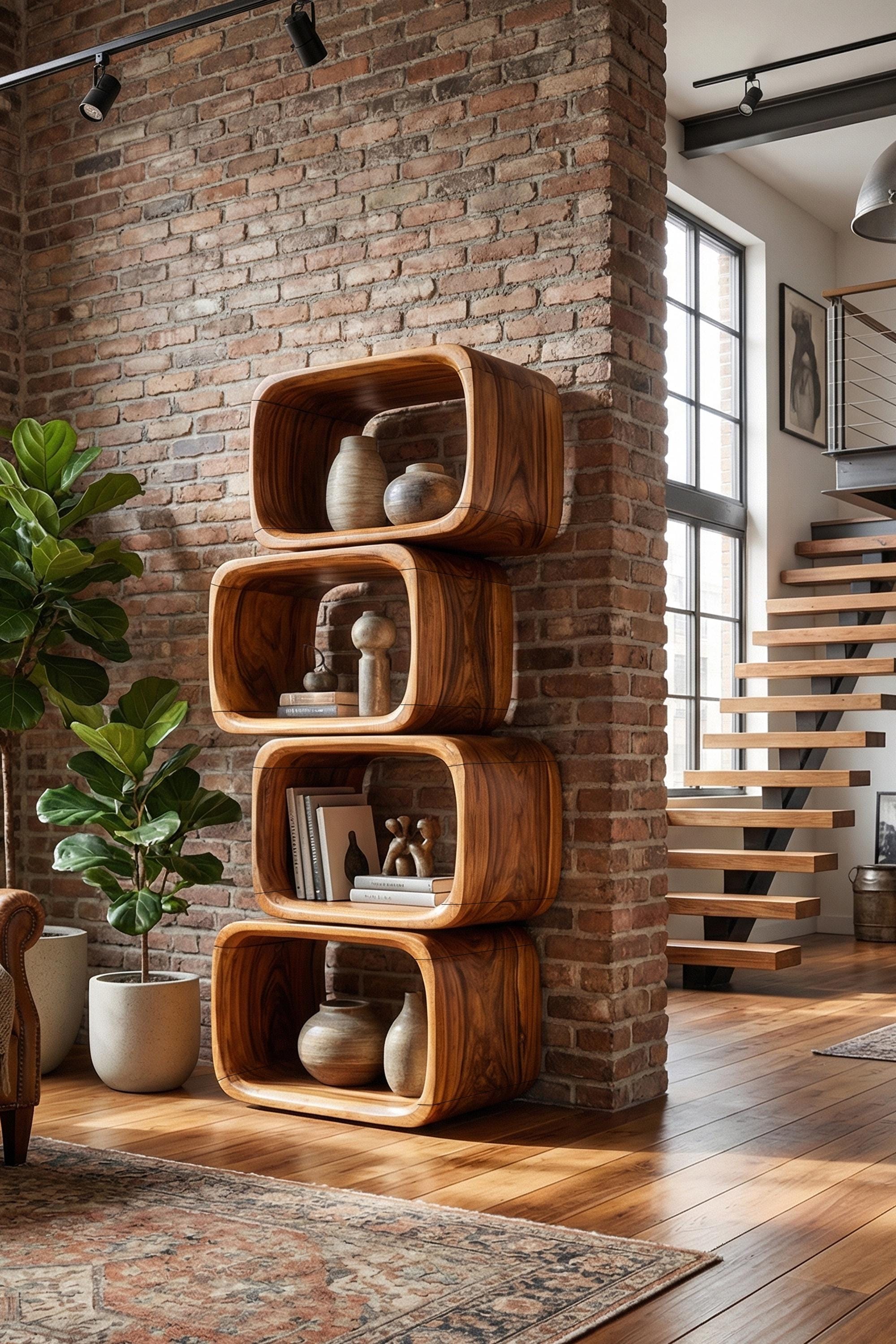 Modern Bookshelf Solid Wood Display Shelf Handcrafted Room Divider Live ...