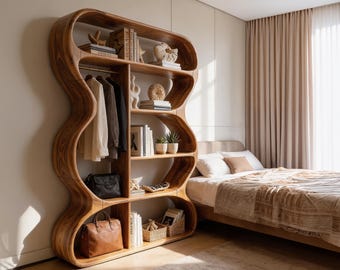 Vitrina de mediados de siglo, estantería de madera maciza, separador de ambientes artesanal, librería con borde natural, estante recuperado.