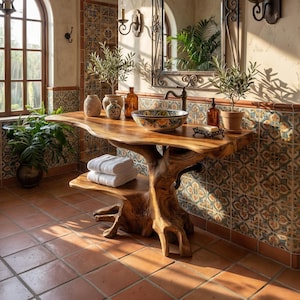 May include: A rustic bathroom vanity with a live-edge wooden countertop and a tree trunk base. The vanity features a decorative ceramic sink, a mirror, and a shelf with folded white towels. The walls are tiled with a colorful pattern.