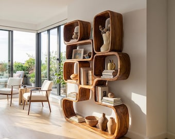 Handcrafted Bookshelf Solid Wood Display Shelf Unique Room Divider Live Edge Bookcase Mid Century Display Cabinet