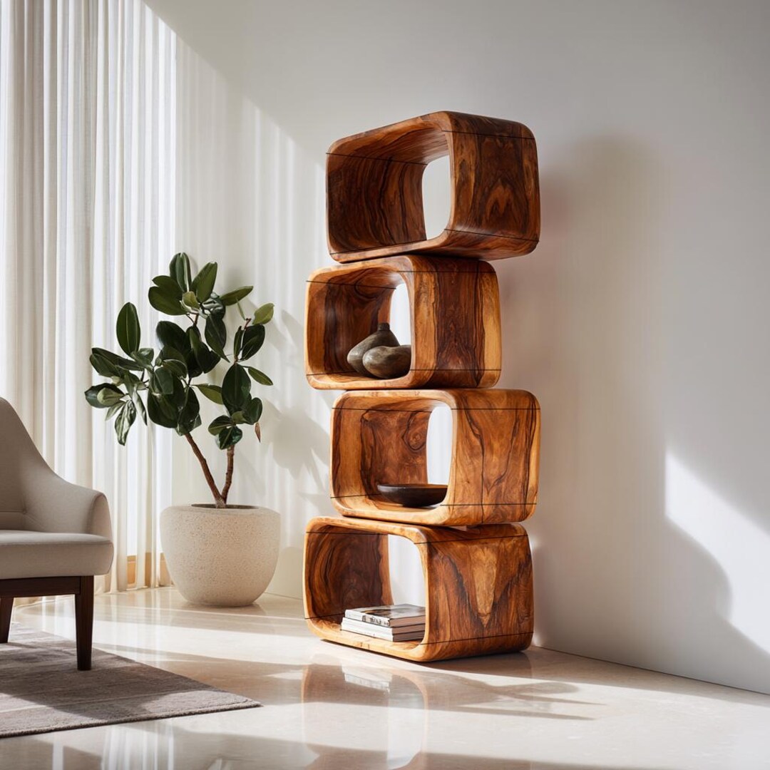 Modern Bookshelf Solid Wood Display Shelf Handcrafted Room Divider Live ...