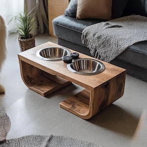 Farmhouse pet bowl feeder handcrafted dog double bowl stand natural wood dog feeding station reclaimed elevated pet stand