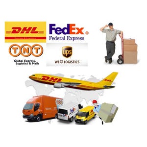 May include: Image featuring logos of DHL, FedEx, TNT, and UPS, with a DHL airplane and delivery trucks. A delivery person is shown with a hand truck and boxes, and another is carrying a package. The image conveys a theme of global shipping and logistics.