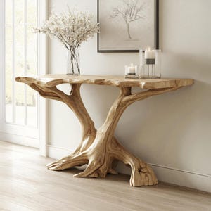 May include: A light brown wooden console table with a distinctive tree-trunk base. The table has a live-edge top and two tree-like supports. It stands against a white wall, with a vase of white flowers and candles on the surface.