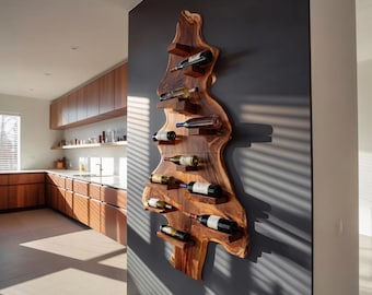 Suporte de vinhos rústico em madeira maciça, para bancada, estilo fazenda, artesanal, ideal para decoração de cozinhas modernas ou bares.