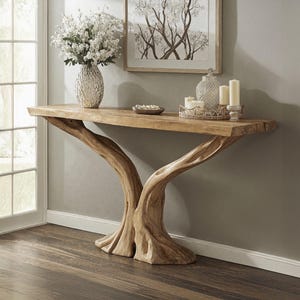 Consola de entrada estrecha, mueble consola de madera natural rústica hecha a mano, mesa de entrada con borde vivo, mesa consola de granja