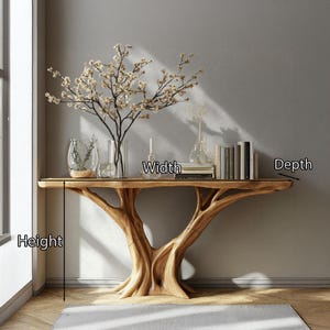 May include: A wooden console table with a unique tree-like base. The table's top is a light brown, and it holds decorative items like vases, books, and a floral arrangement. The table's height is approximately 30 inches.