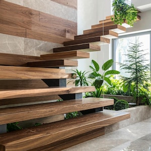 Floating Wooden Ladder Live Edge Stairs Rustic Solid Wood Board Farmhouse Interior Stairs Handmade Staircase Steps Custom Unique Home Decor