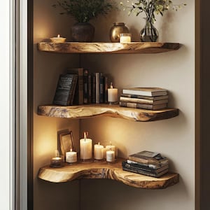 May include: A corner bookshelf with three wooden shelves. The shelves are filled with books, candles, and decorative items. The wood has a natural edge. The shelves are illuminated by soft lighting, creating a warm and inviting atmosphere.