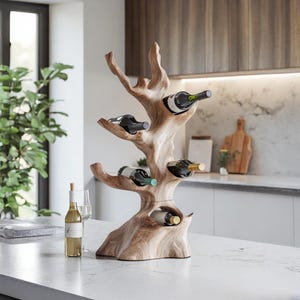 Mid century wine bottle holder Rustic wine rack countertop farmhouse wine stand for modern kitchen or home bar decor
