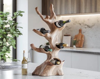 Mid century wine bottle holder Rustic wine rack countertop farmhouse wine stand for modern kitchen or home bar decor