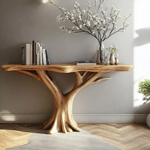 May include: A wooden console table with a unique tree trunk base and a natural wood finish. The table supports a collection of books, decorative vases, and a vase of flowering branches. The table is set against a gray wall.