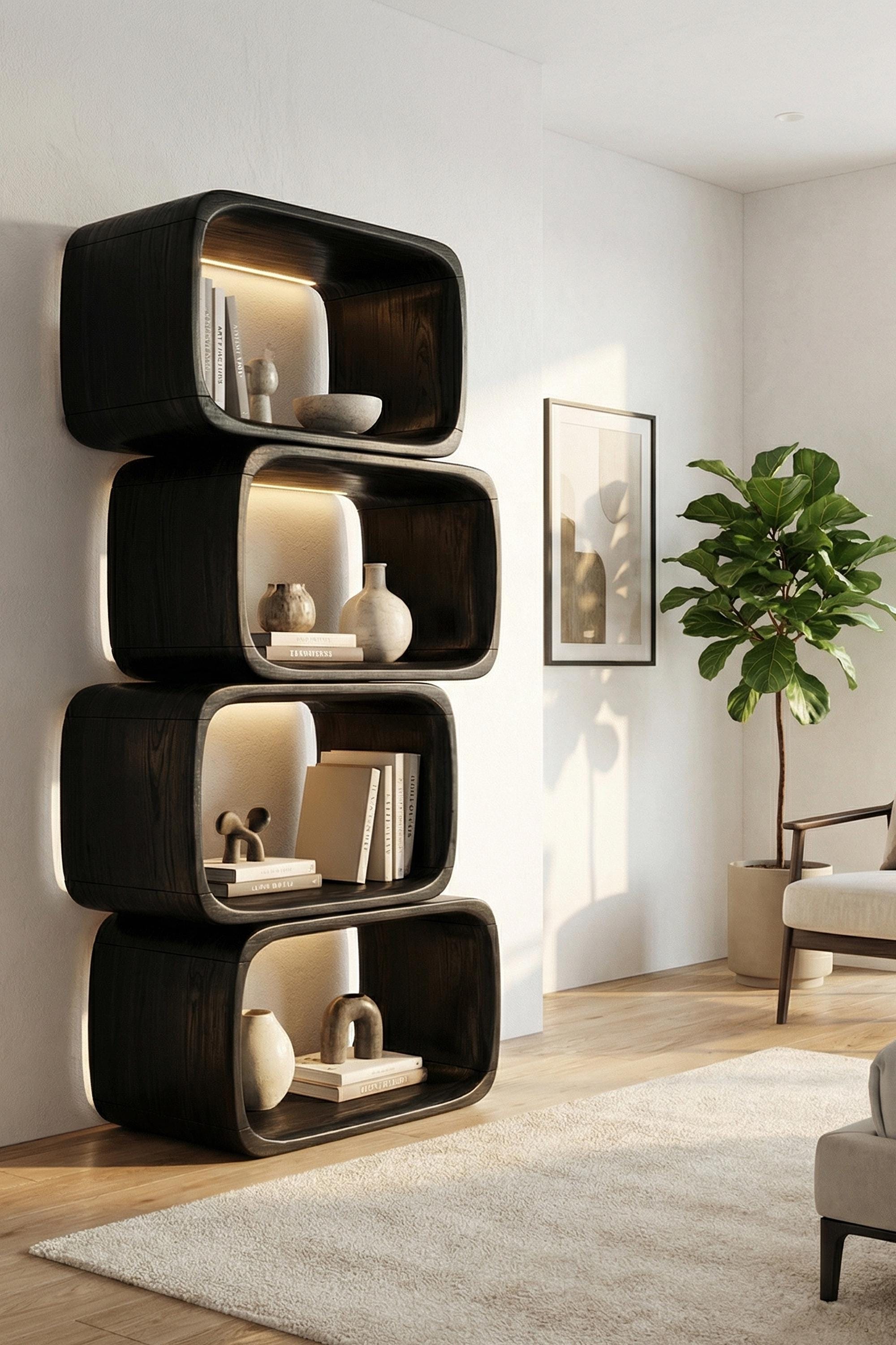 Modern Bookshelf Solid Wood Display Shelf Handcrafted Room Divider Live ...