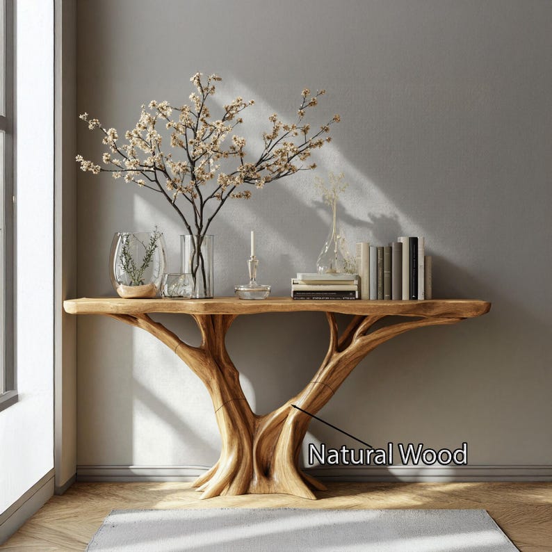 May include: A natural wood console table with a unique tree-like base. The table is adorned with decorative items, including vases, books, and a flowering branch. The table's dimensions are approximately 72 inches long, 16 inches wide, and 30 inches high.