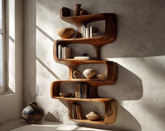 Estantería rústica, estante de exhibición artesanal, separador de ambientes de madera maciza, librería de mediados de siglo, mueble con borde natural.