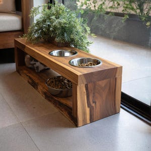 Natural wood dog feeding station handcrafted dog double bowl stand farmhouse pet bowl feeder reclaimed elevated pet stand