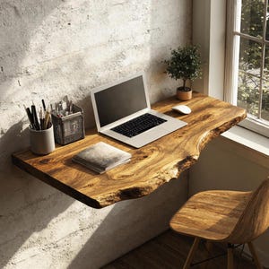 May include: A floating wooden desk with a live edge, featuring a laptop, notebook, and desk accessories. The desk is made of light brown wood and is mounted on a textured concrete wall. A wooden chair is next to the desk.