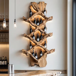 Mid century wine stand farmhouse wine bottle holder rustic wine rack countertop for modern kitchen or home bar decor