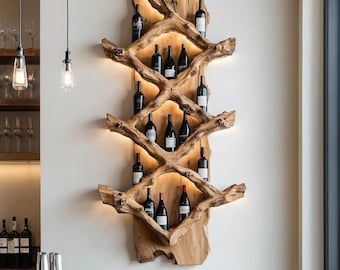 Suporte para garrafas de vinho de meados do século, estilo fazenda, suporte rústico para vinho, bancada para cozinha moderna ou decoração de bar em casa
