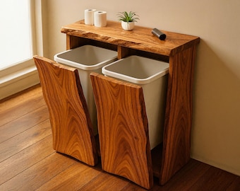 Cubo de basura de doble inclinación hecho a mano, de madera maciza natural, para granja, mueble rústico para reciclaje, muebles de cocina únicos