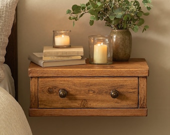 Handmade floating nightstand with drawer natural wood bedside shelf farmhouse floating table for bedroom rustic bedside table gift for home