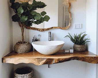 Reclaimed live edge bathroom vanity shelf handmade floating vanity shelf natural powder room sink wall mounted vanity unique bathroom decor