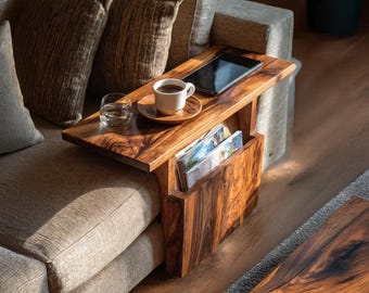 Handgefertigter Holz Couchtisch Handgefertigter Sofa Beistelltisch Natürlicher Holz C-Form Beistelltisch Bauernhaus Sofa Armlehnen Tisch Wrap Für Wohnzimmer