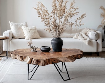 Mesa de centro de estilo Mid Century con borde natural, hecha a mano. Mesa de centro moderna para la decoración de la sala de estar. Regalo ideal para inauguración de casa.
