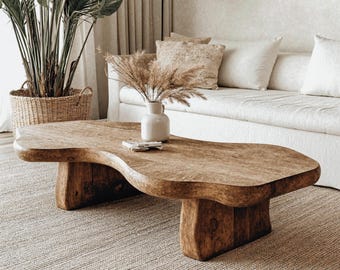 Soffbord i lantligt trä, modernt soffbord i massivt trä, live edge, lantligt bord, bord i återvunnet trä, vardagsrumsbord, vardagsrumsinredning