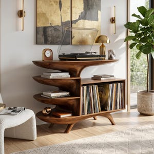 Rustieke multifunctionele kast, handgemaakte platenspelerkast voor vinylplaten, retro mediameubel met opbergruimte voor de woonkamer.