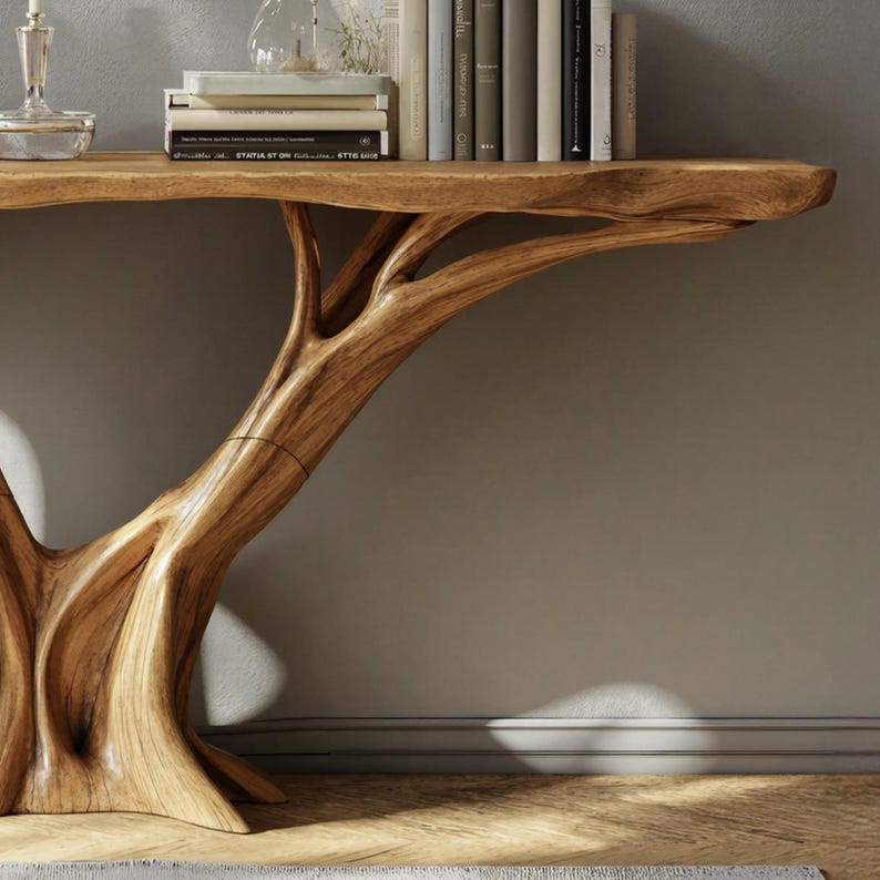 May include: A wooden console table with a unique tree-branch design. The table features a natural wood finish and a live edge. Books and decorative items are displayed on the tabletop. The table's base is sculpted to resemble a tree trunk.