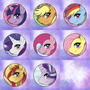 May include: Nine colorful cartoon pony head illustrations in a grid pattern. Each pony has a different colored mane and tail, and is depicted with a friendly expression. The background is a soft purple gradient.