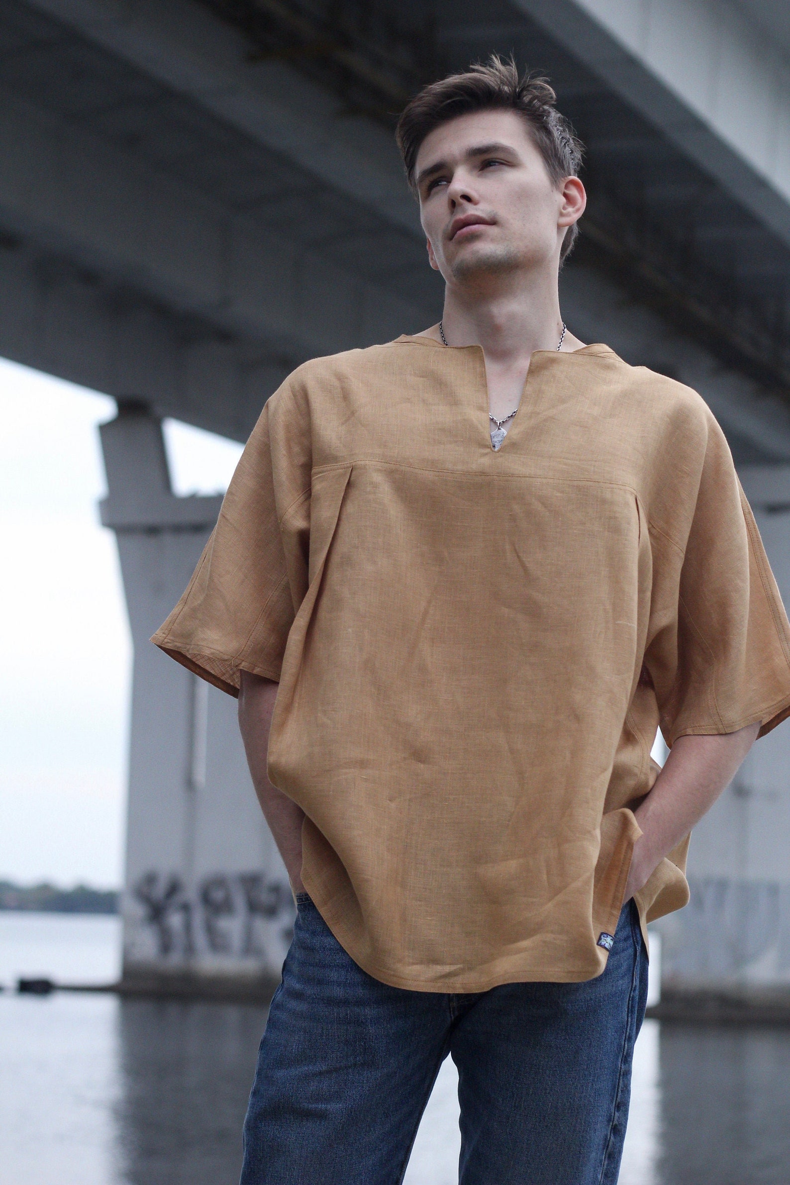 Mens oversized linen tunic shirt Pagan organic summer crop Etsy