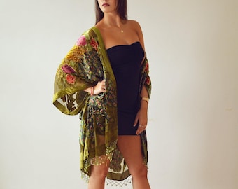 Burnout Peacock Embellished Beaded Kimono