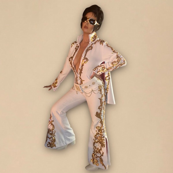 Elvis Presley Ladies Costume Cosplay White Vegas Jumpsuit with Cape