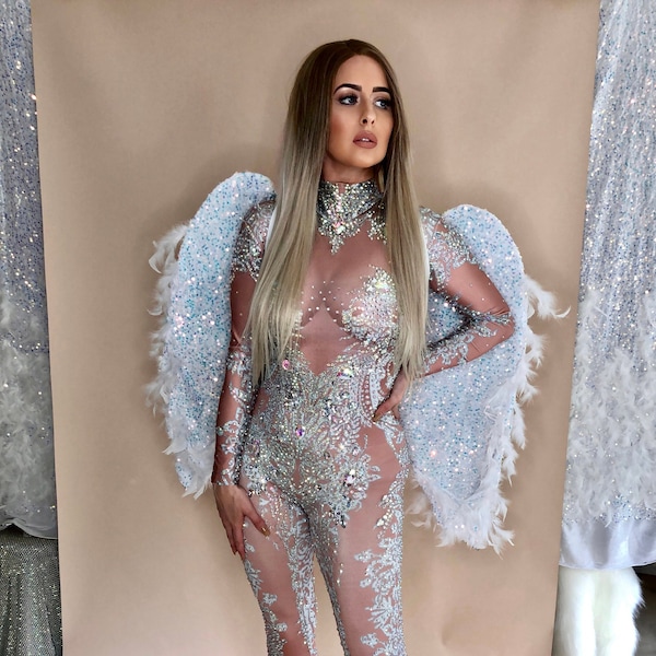 Angel Crystal Cosplay Costume Spandex Bodystocking Rhinestone with Feather Wings