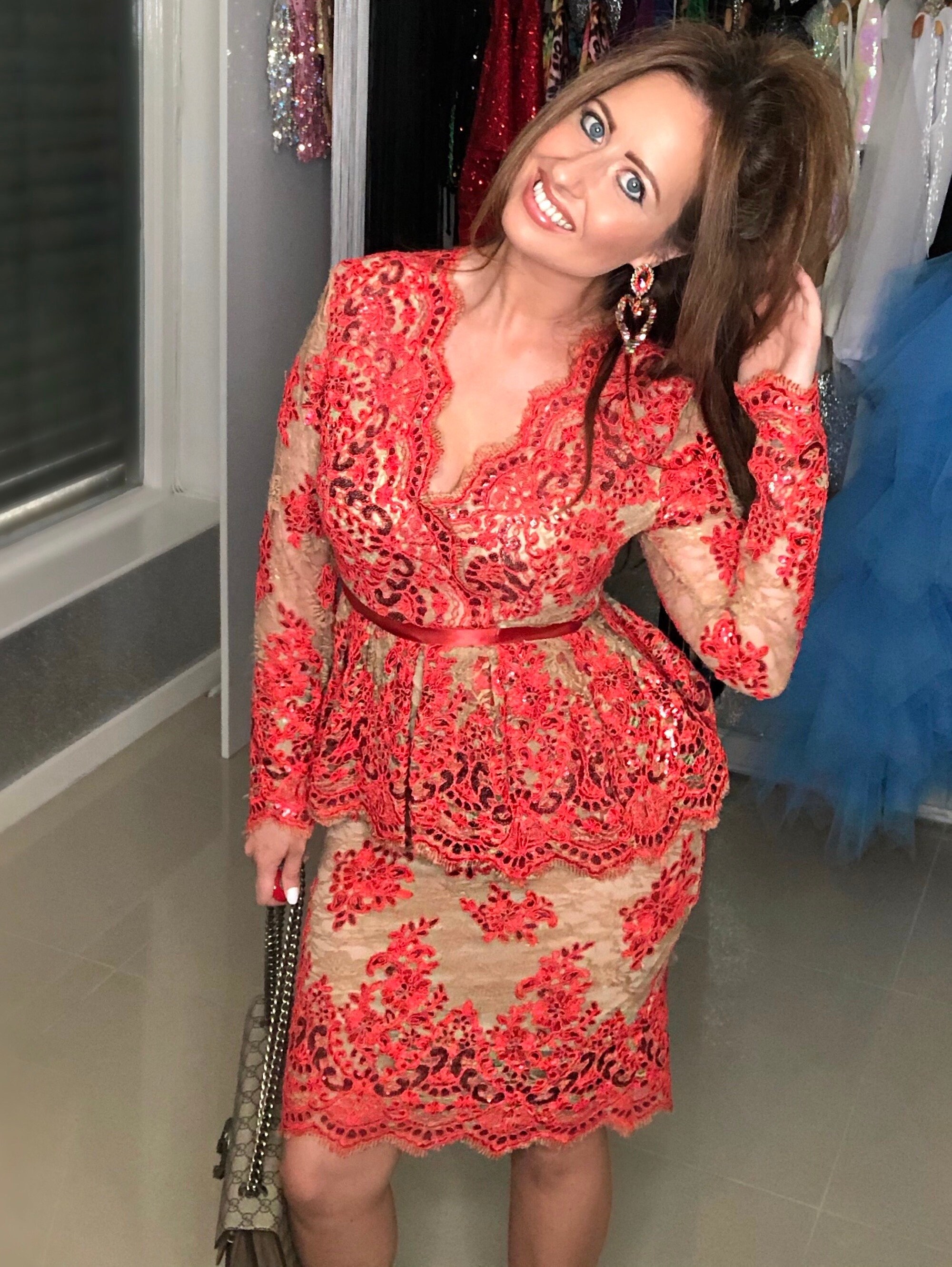 Image of Coral Sequin Lace Peplum Dress