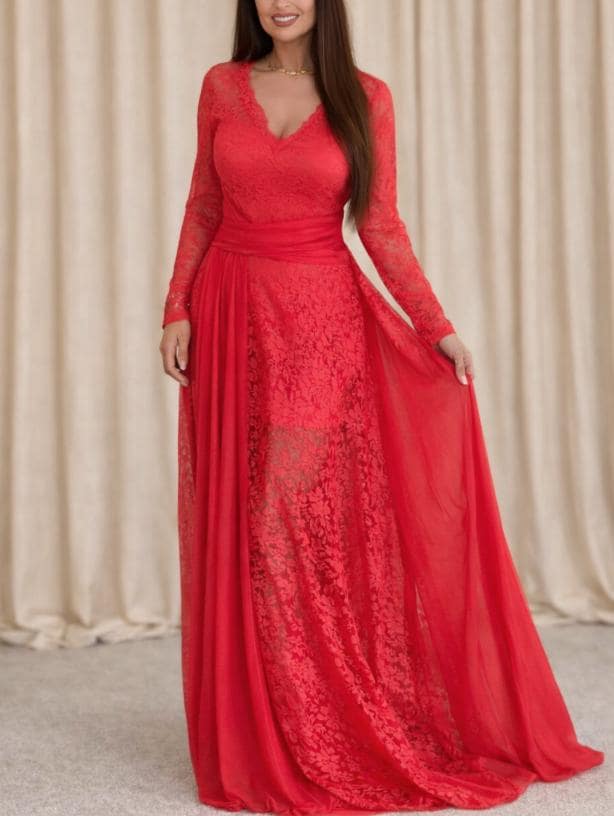 women's red lace dress Elegant Cherry Red Lace Midi Dress