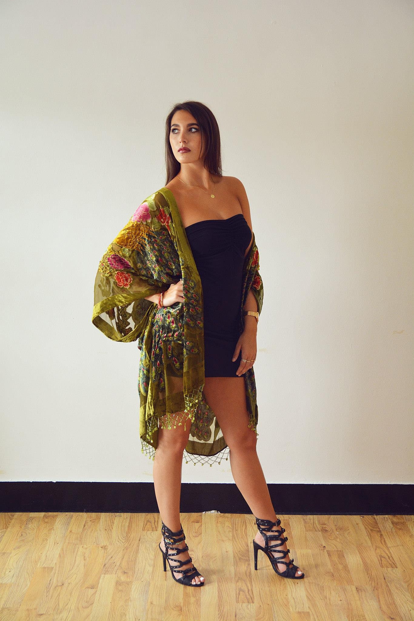 Image of Burnout Peacock Embellished Beaded Kimono