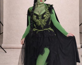 Wicked Witch Costume – Black Green Sequin Dress, Cape, Wig