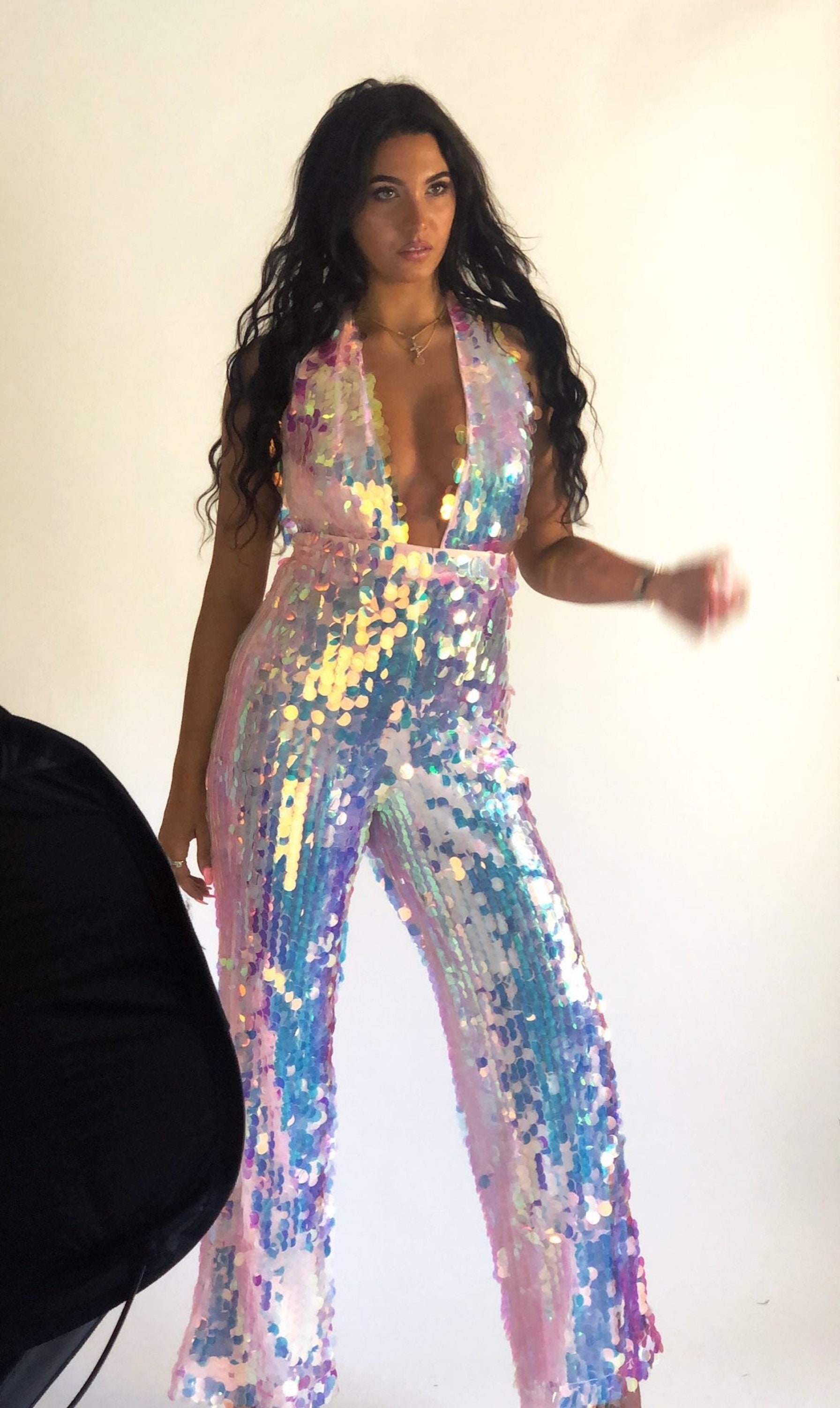Iridescent sequin jumpsuit cheap