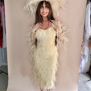 Ostrich Feather Dress, Hat and Gloves Set