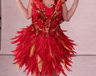 Disfraz de Hada de Fuego Rojo: Vestido de plumas, alas y corona hechos a mano