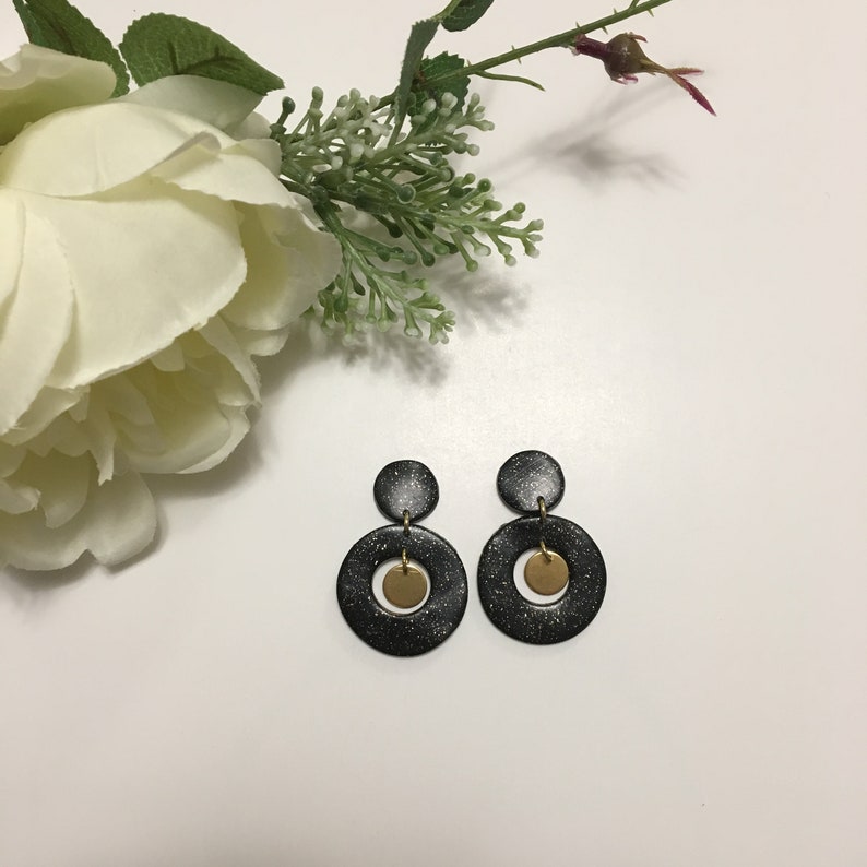 The Shimmer Collection Polymer Clay Drop Earrings Handmade Clay Dangle Earrings Gold Dangles Black