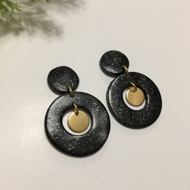 The Shimmer Collection Polymer Clay Drop Earrings Handmade Clay Dangle Earrings Gold Dangles Black
