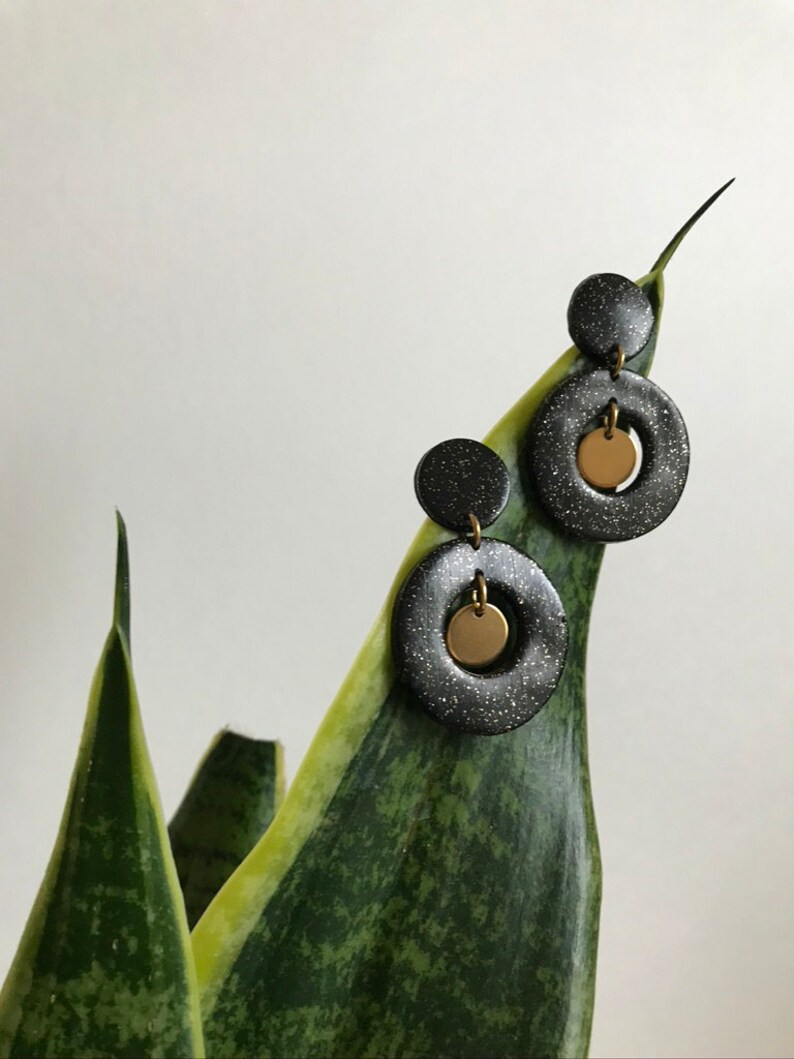 The Shimmer Collection Polymer Clay Drop Earrings Handmade Clay Dangle Earrings Gold Dangles Black