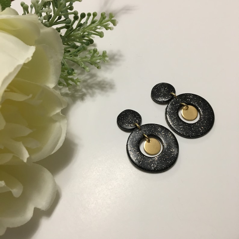 The Shimmer Collection Polymer Clay Drop Earrings Handmade Clay Dangle Earrings Gold Dangles Black