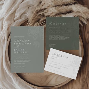 Sage Green Wedding Invite Bundle, Dusty Sage Green Invitation, Sage Green Wedding Invites And RSVPs, Editable Floral Suite Canva WEDK008