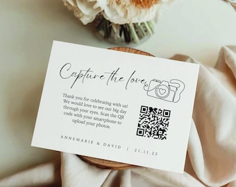 Biglietto di condivisione foto di nozze con codice QR, link minimo per catturare l'amore, stampabile, condividi i tuoi scatti, scansiona e condividi l'album fotografico Canva WEDK001